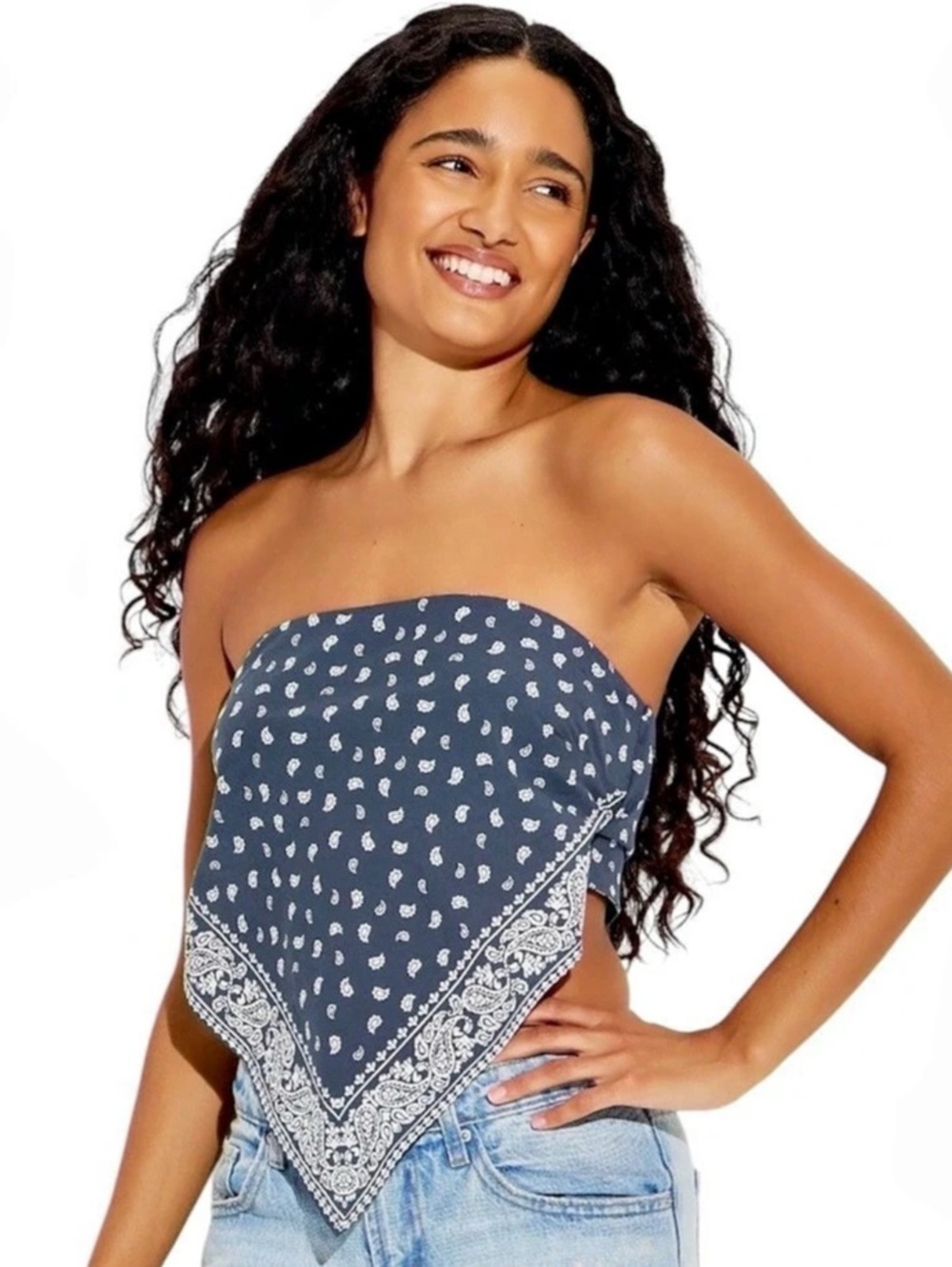 Wild Fable Women's Bandana Tube Top Paisley Crop Top Blue & White XXS